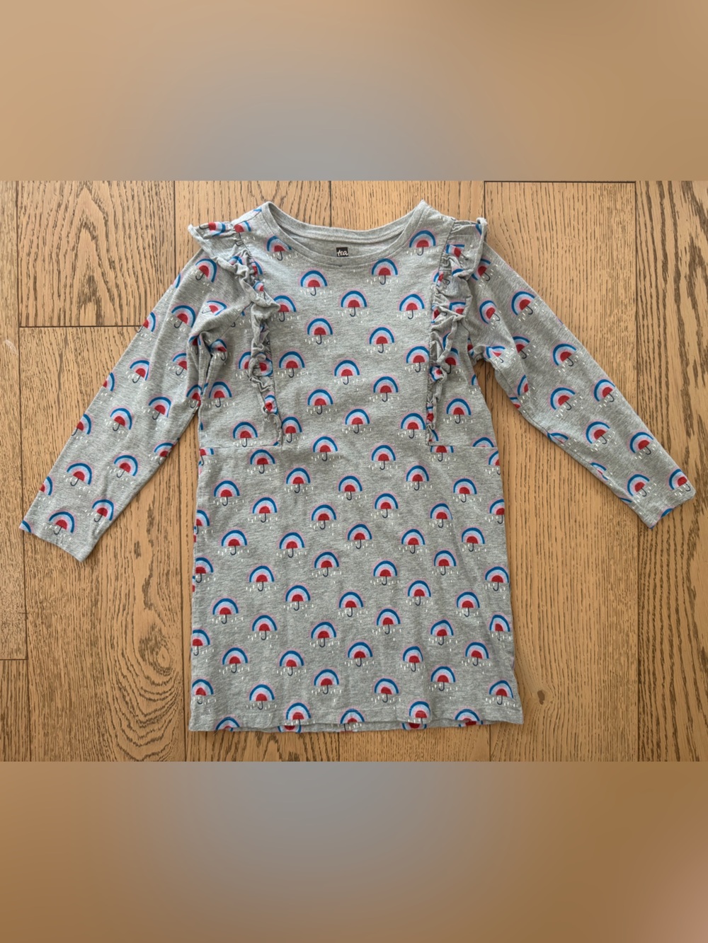 Tea Collection Girls’ Long-Sleeve Dress w/ Rainbow Umbrellas & Ruffles Sz 7
